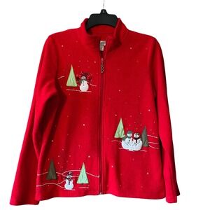 Christopher Banks Red Fleece Snowman Christmas Holiday Zip Up Jacket Women L EUC